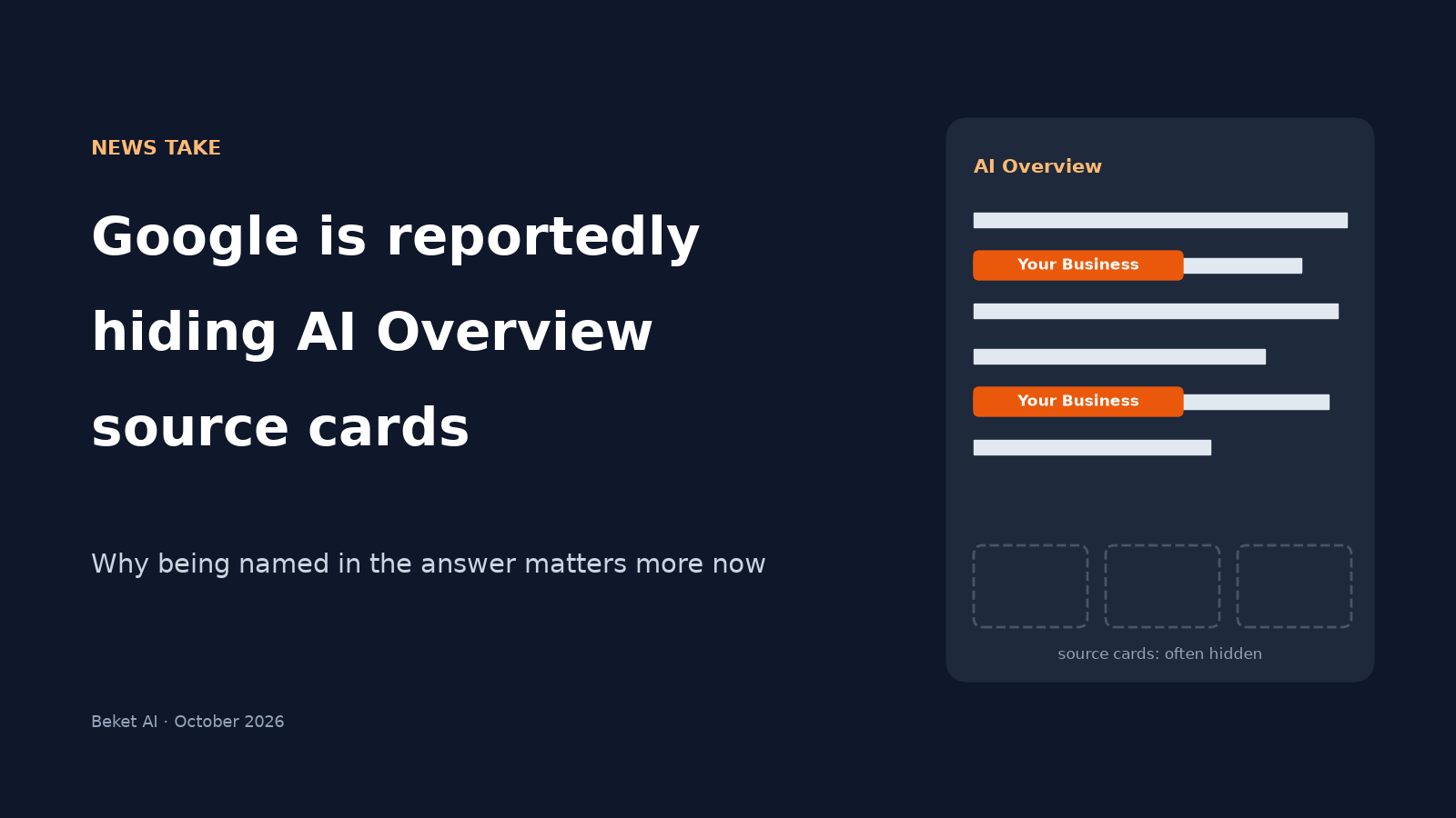 Cover reading News take: Google is reportedly hiding AI Overview source cards. Why being named in the answer matters more now, beside a sketch of an AI Overview naming Your Business twice above three empty, dashed source cards.
