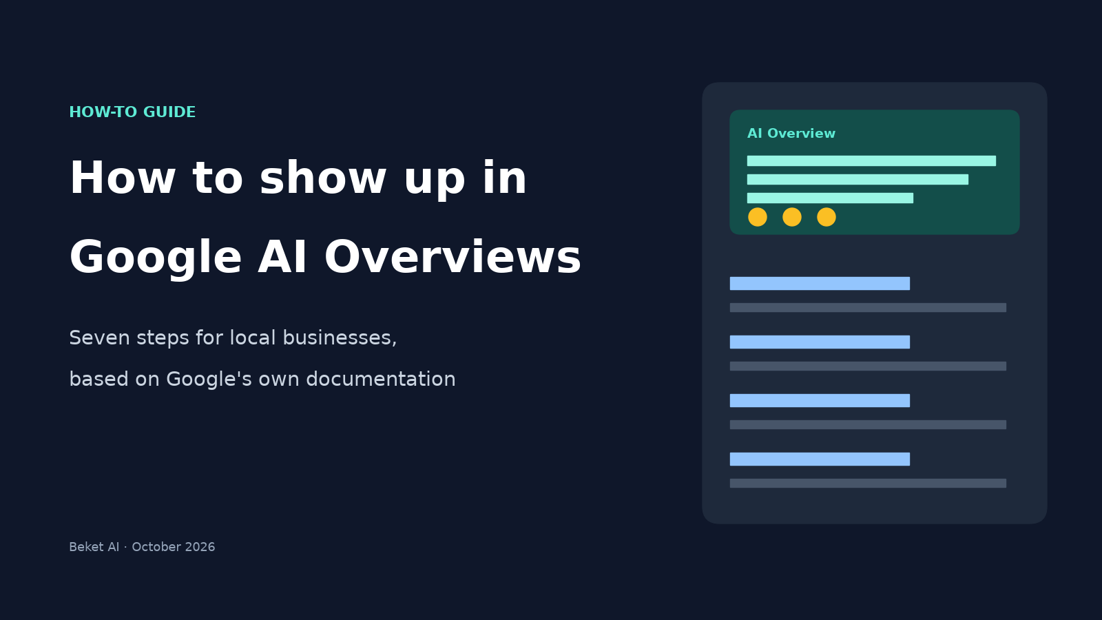 Cover reading How to show up in Google AI Overviews: seven steps for local businesses, based on Google's own documentation, beside a sketch of a results page with an AI Overview at the top.