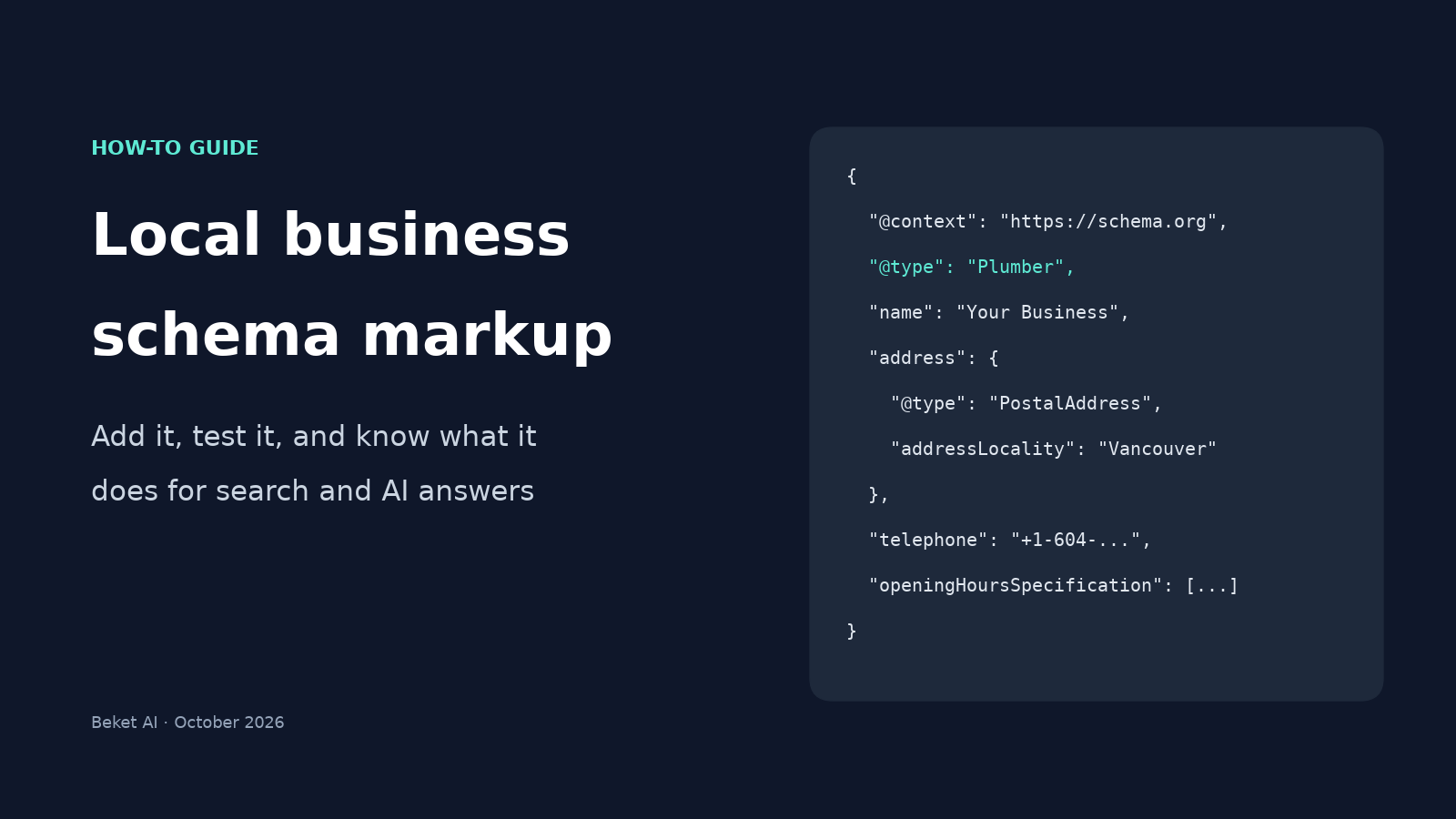 Cover reading Local business schema markup: add it, test it, and know what it does for search and AI answers, next to a JSON-LD code snippet with the type Plumber.